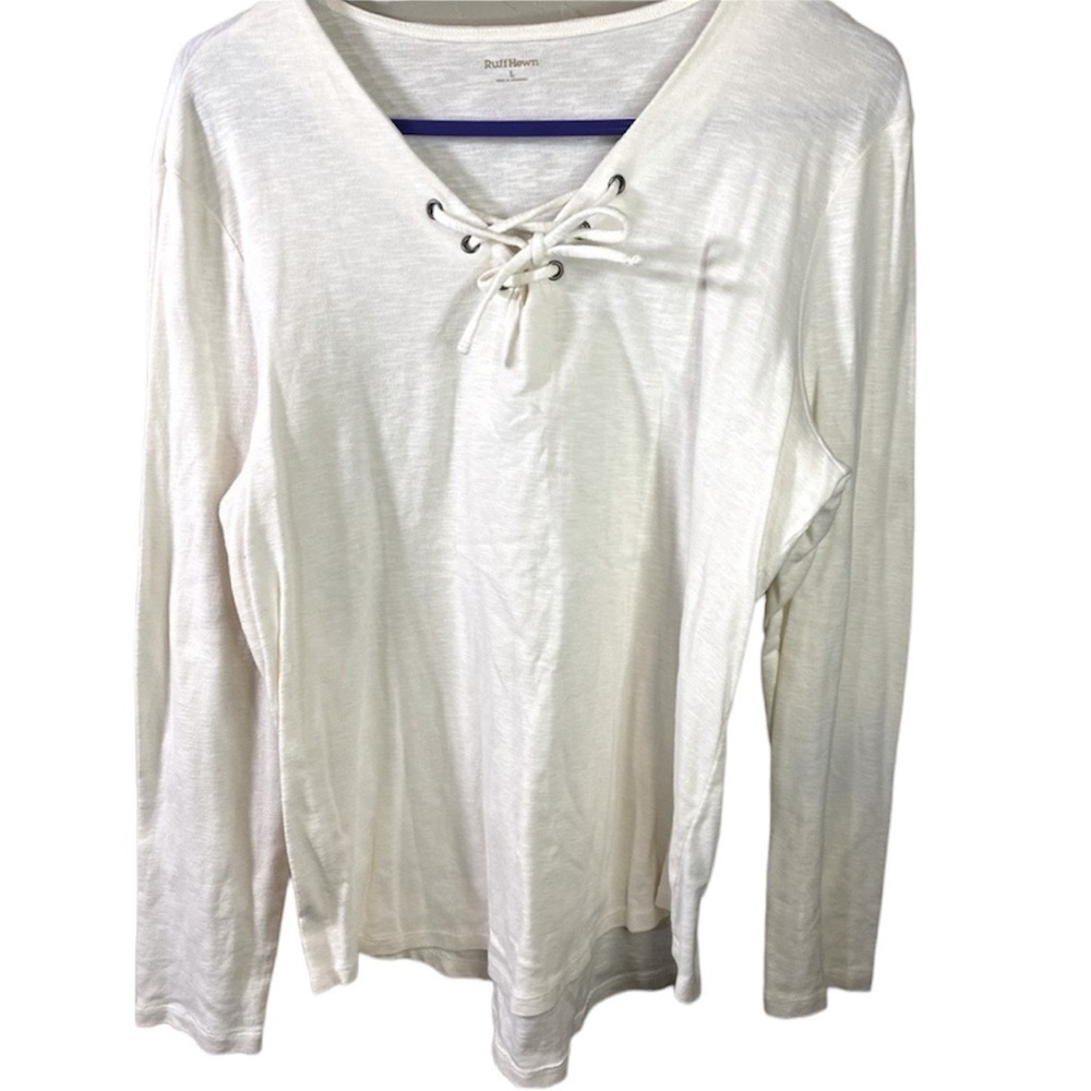 🌹RuffHewn woman’s white cross tie V-neck shirt top NWOT long sleeve Sz L  I-21